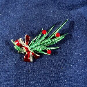 Vintage Holiday Christmas Pin Brooch With Red Bow & Green Pine Needle Design